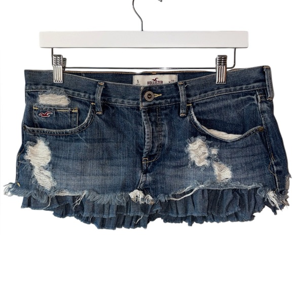 Hollister Y2K Distressed Micro Mini Denim Skirt Ruffle Hem Low Rise Size 5 W27 - Picture 2 of 9